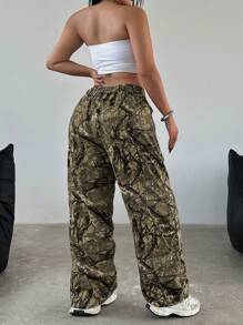 Flirla Plus Size Casual Camo Branch Print Straight Leg Pants - Multicolor - View 2