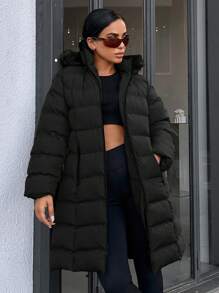 RueChic Women'S Medium-Long Padded Jacket With Collar - Black - View 1