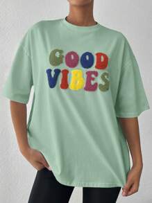 Letter Flocking Drop Shoulder Tee - Green - View 3