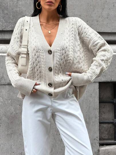 SHEIN Cottnline Women's Cardigan Sweater With Complex Knitted Patterns, Buttons, Casual, Elegant, And Comfortable For Home Style