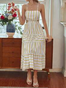 SHEIN VCAY 女式夏季条纹镂空褶皱细肩带连衣裙 - 黃色 - 查看 3
