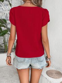 Breezaya 女士简约纯色短袖衬衫夏季新年衣服，短袖上衣 - 紅色 - 查看 2