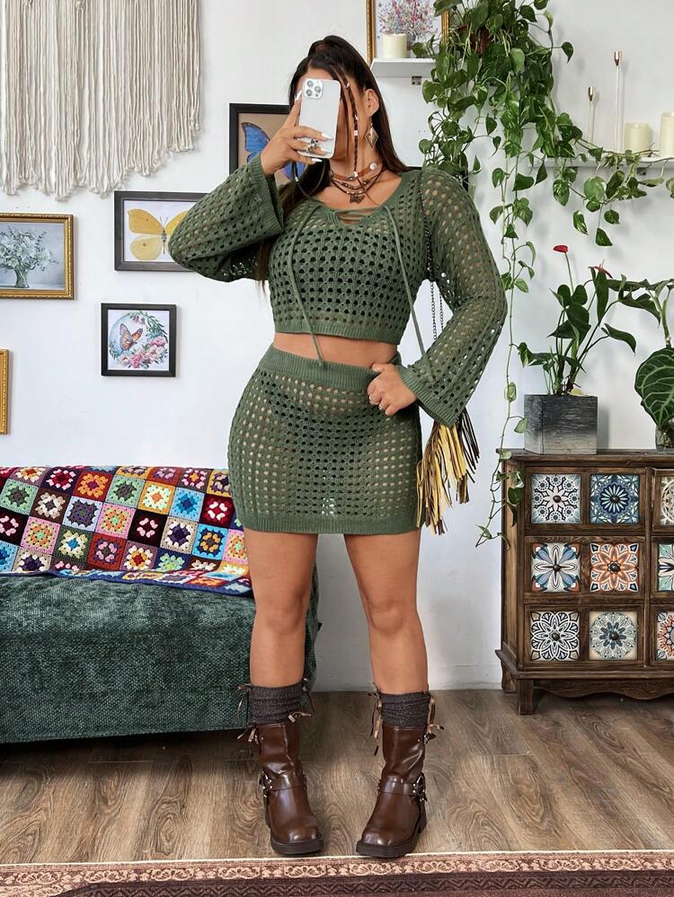 Plus Size Women's Fashionable Solid Color Hollow Crochet Lace-Up Swim Cover-Up Set