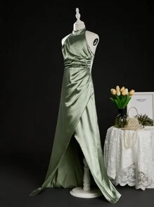 SHEIN Tween Girl Shiny Halter Neck Fish Tail Long Dress With Waist Belt And High Slit, Perfect For Weddings, Birthday Parties And Banquets - Green - View 1