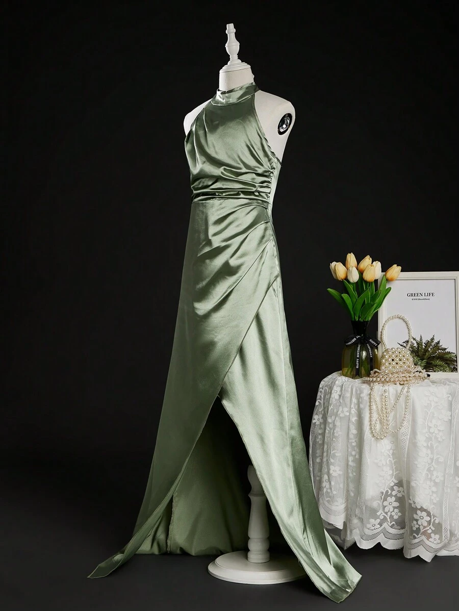 SHEIN Tween Girl Shiny Halter Neck Fish Tail Long Dress With Waist Belt And High Slit, Perfect For Weddings, Birthday Parties And Banquets - Green - View 1