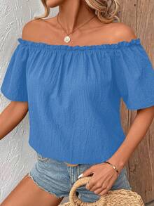 SHEIN LUNE Camisa elegante para mujer de unicolor con encaje en los hombros y corte holgado - Celeste - Ver 6