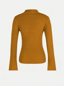 【定向开发】新款女装时尚纯色纽扣十字设计长袖毛衣不对称针织套头衫，长袖上衣 - 銅色 - 查看 3