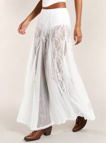 SHEIN BAE Váy ren trắng lưng thấp, mỏng, thích hợp cho lễ hội nhạc đồng quê, kỳ nghỉ ở bãi biển - trắng - Xem 1