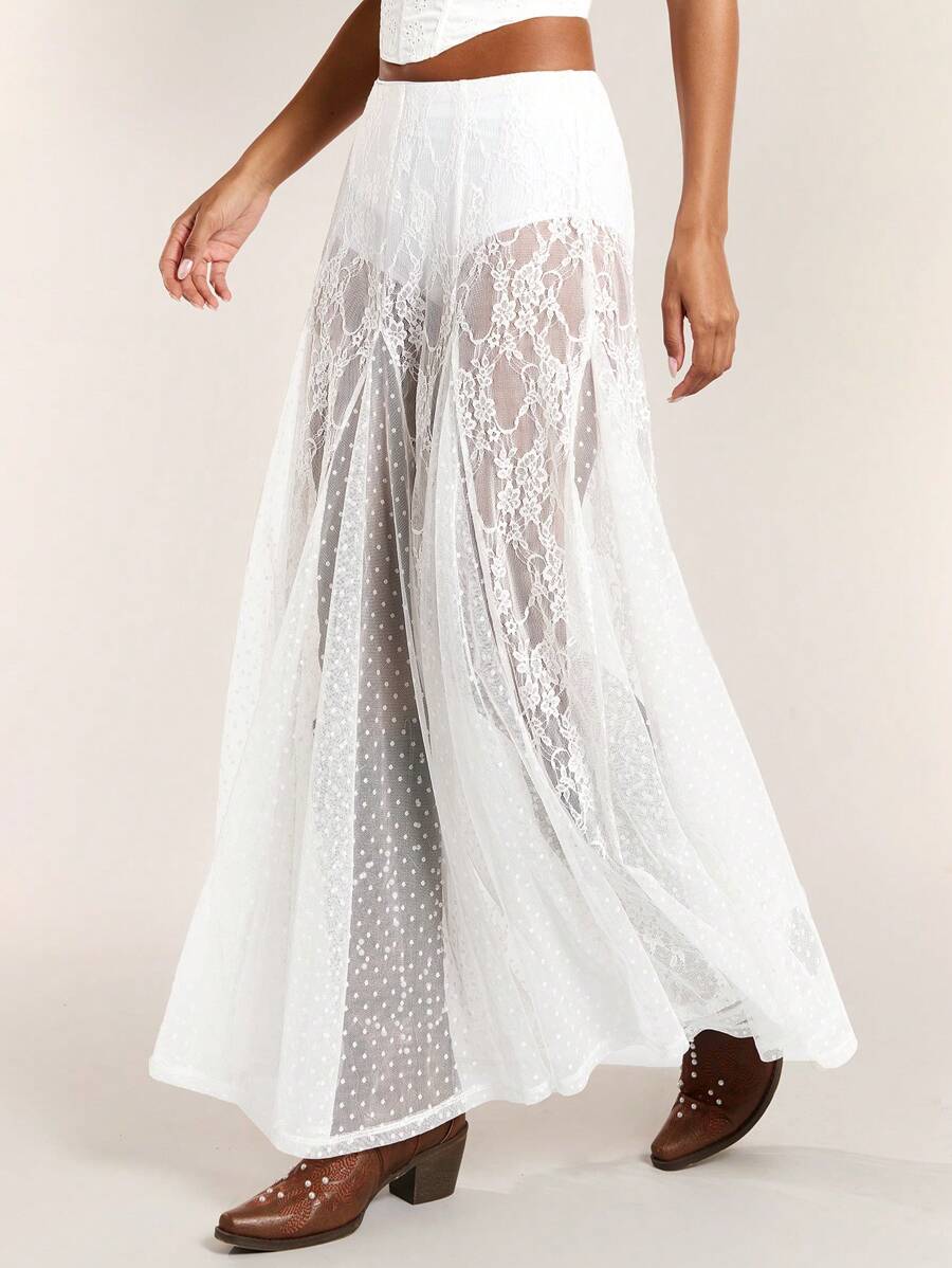 SHEIN BAE Váy ren trắng lưng thấp, mỏng, thích hợp cho lễ hội nhạc đồng quê, kỳ nghỉ ở bãi biển - trắng - Xem 1