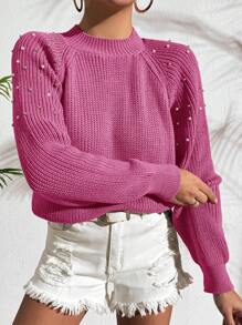 EURMUSE Suéter De Manga Raglán Con Tachuelas De Perlas Y Cuentas De Color Liso Para Mujer - Rosa Fucsia - Ver 1