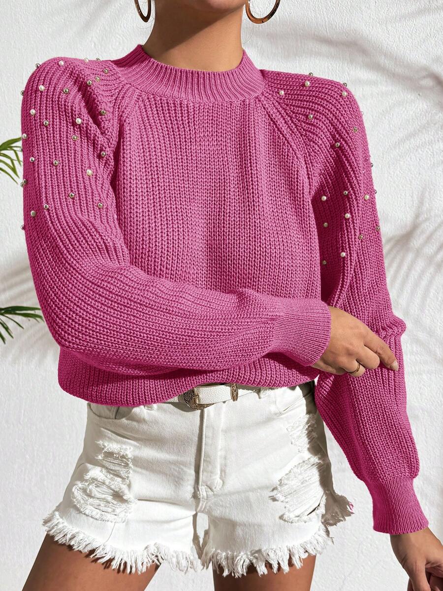EURMUSE Suéter De Manga Raglán Con Tachuelas De Perlas Y Cuentas De Color Liso Para Mujer - Rosa Fucsia - Ver 1