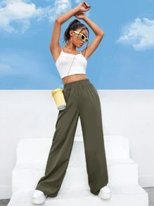 EURMUSE Solid Elastic Waist Wide Leg Pants - Army Green - View 3