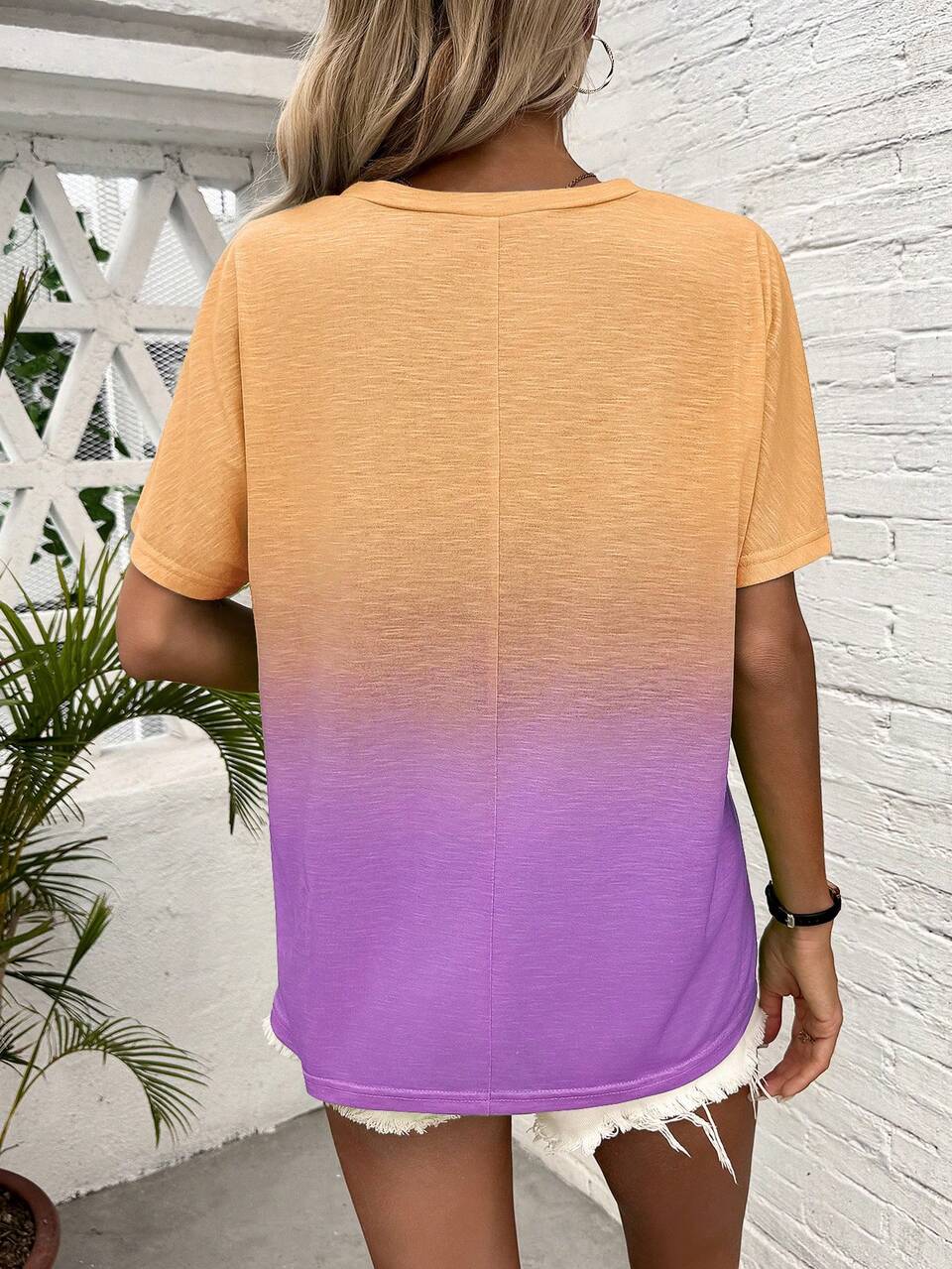 Women's Summer V-Neck Ombre Printed Batwing Sleeve Casual T-Shirt