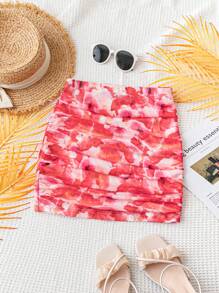 Soleia Women's Holiday Red Tie Dye Abstract Printed Knit Mesh Ruched Slim Fit Mini Skirt - Multicolor - View 1