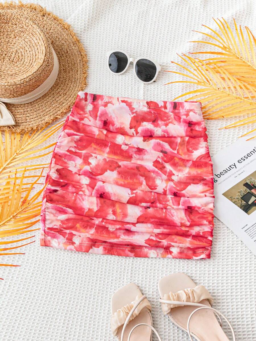 Soleia Women's Holiday Red Tie Dye Abstract Printed Knit Mesh Ruched Slim Fit Mini Skirt - Multicolor - View 1