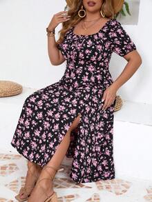 SHEIN VCAY 大尺碼女性時尚夏季甜美印花收腰分開式裙子 - 粉色 - 查看 3