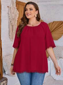 EMERY ROSE Plus Size Women's Summer Fashion Solid Color Ruched Lace Trim Blouse - Burgundy - View 3