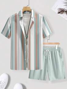 Manfinity Homme Men's Plus Size Summer Casual Striped Short Sleeve Shirt And Solid Color Shorts Set - Mint Green - View 1