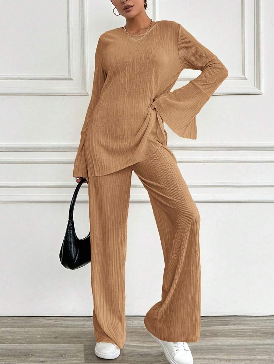 EURMUSE Ladies' Solid Color Simple Daily Long Sleeve Top And Long Pants Two-Piece Set - Bronze - View 1