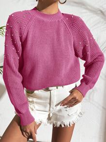 EURMUSE Suéter De Manga Raglán Con Tachuelas De Perlas Y Cuentas De Color Liso Para Mujer - Rosa Fucsia - Ver 6