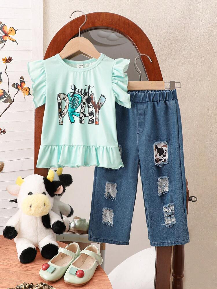 New Summer Casual Fashion Street Style Baby Girls' Cow Printed Distressed Denim Pants With Belt And Printed Flare Sleeve Top Featuring English Letters