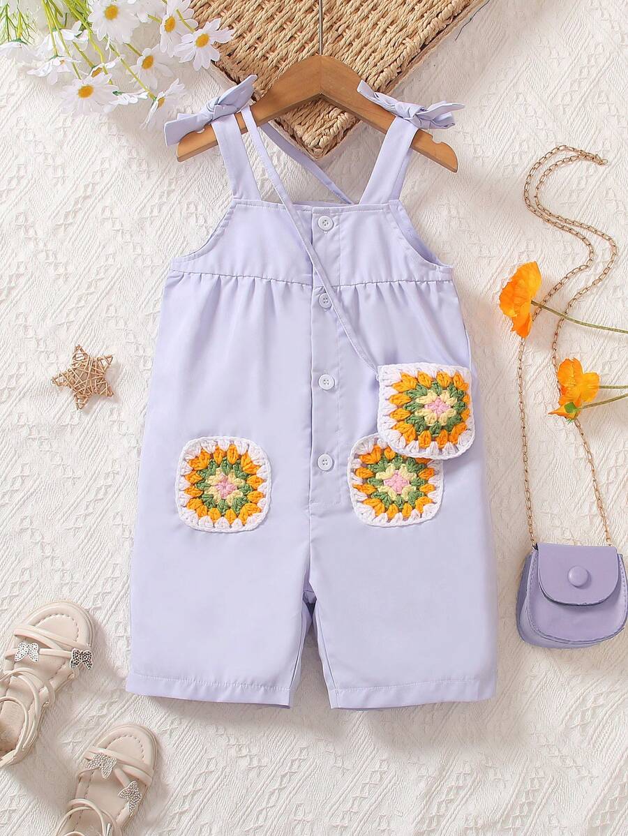 SHEIN Young Girls' Knot Shoulder Romper - Baby Blue - View 1