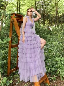Faeriesty Váy dạ hội cổ chữ V sâu có lưới viền bánh dành cho nữ - Màu Lilac Tím - Xem 2