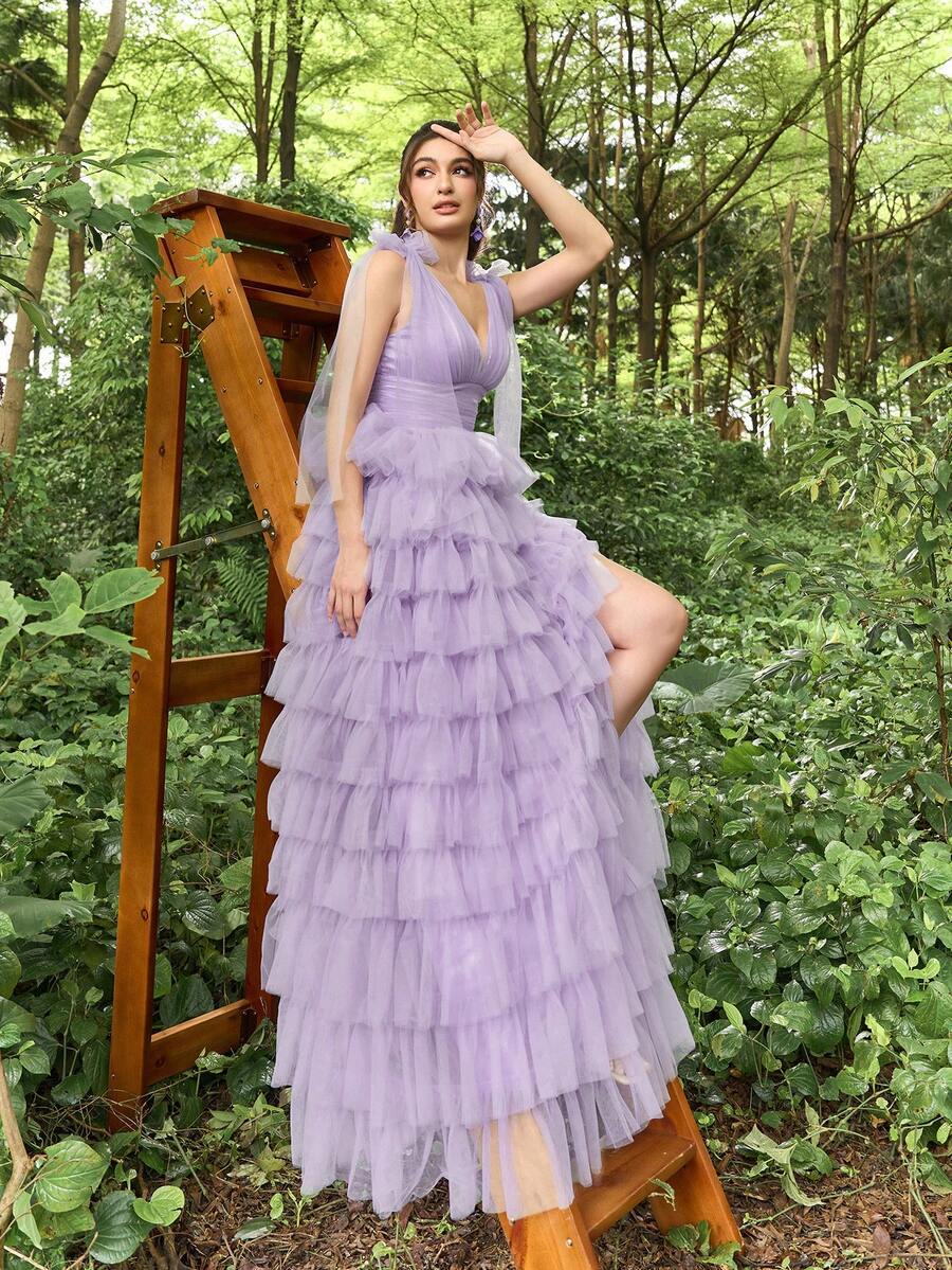 Faeriesty Váy dạ hội cổ chữ V sâu có lưới viền bánh dành cho nữ
