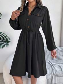Autumn Lapel Collar Shirt Dress Tie-Waist With Mock Pockets Ruffle Trim Long Sleeve Solid Color Casual Elegance - 黑色 - 查看 3