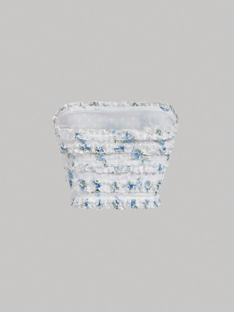 Ladies' Ditsy Floral Layered Lace Bandeau Crop Top