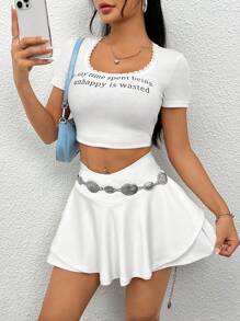 SHEIN PETITE 運動基本v字腰泳裙打底褲 - 白色 - 查看 4