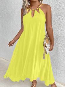 Plus Size Solid Color Hollow Out Circle Decoration Sleeveless Dress, High-Low Hem Elegant Style Maxi Women Outfit