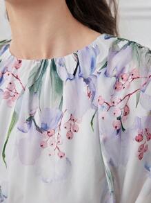 Seusyu 女士優雅花卉印花蝙蝠袖夏季連衣裙 - 白色 - 查看 5