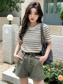 DAZY 女士條紋印花圓領短袖休閒T恤，夏季款