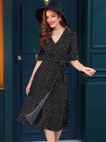 Vintamour Vestido envolvente elegante y vintage para mujeres, vestido de lunares de verano con lazo y cuello en V con cinturón negro, ropa de maestra, falda larga, atuendo para concierto de mujeres, estilo old money, vestido de trabajo casual, vestidos largos para mujeres, hawaiano - Negro - Ver 4