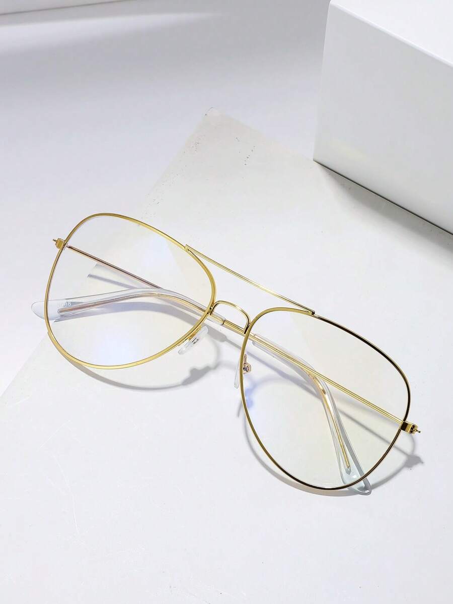 一副男士经典飞行员轻便日本产金色透明镜片金属双梁复古眼镜，四季皆宜 - 金色 - 查看 1
