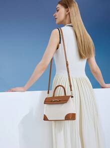 MOTF PREMIUM LADIES FASHION METAL BAMBOO ACCENT TWO TONE FLAP TOP HANDLE BAG, BAG FOR WOMEN ELEGANT, LUXURY - Brown - View 8
