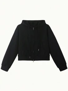 Sweatshirt Hoodie Pendek Wanita Motif Warna Polos dengan Resleting Ganda, Pakaian Luar Musim Dingin Tipis, Musim Gugur, Sweatshirt Resleting Hitam Gaya Y2K, Cocok untuk Pemakaian Sehari-hari dan Kembali ke Sekolah - Hitam - View 3