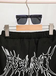 SHEIN Tween Boy Phong cách đường phố giản dị in quần short dệt kim rộng - màu đen - Xem 6