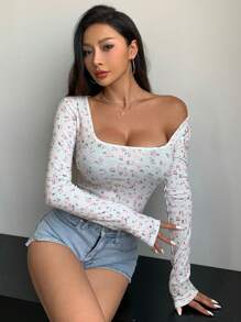 DAZY Camiseta de manga larga con cuello cuadrado, ajuste delgado, con estampado floral diminuto, para primavera/verano, ropa de otoño estilo Y2K - Multicolor - Ver 7