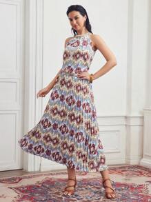 MOTF PREMIUM Falda plisada con cinturón de cinta de contraste con estampado en toda la prenda - Rojo - Ver 5