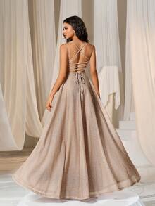 Faeriesty 纯色系带露背吊带伴娘礼服优雅正式晚会舞会婚礼宾客礼服，适合毕业典礼、晚宴派对礼服