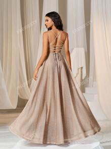 Faeriesty Solid Lace Up Backless Cami Bridesmaid Dress Elegant Formal Evening Prom Wedding Guest Gown, For Graduation, Dinner Party Dress