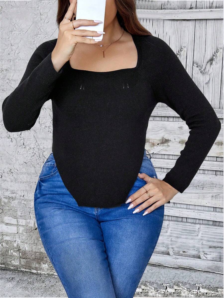 Celure 加方領弧形下擺毛衣 - 黑色 - 查看 1