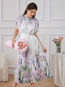 Seusyu 女士優雅花卉印花蝙蝠袖夏季連衣裙 - 白色 - 查看 3