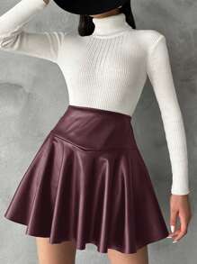 SHEIN Cottnline Solid Color Side Zipper Women'S Skirt - Maroon - View 3