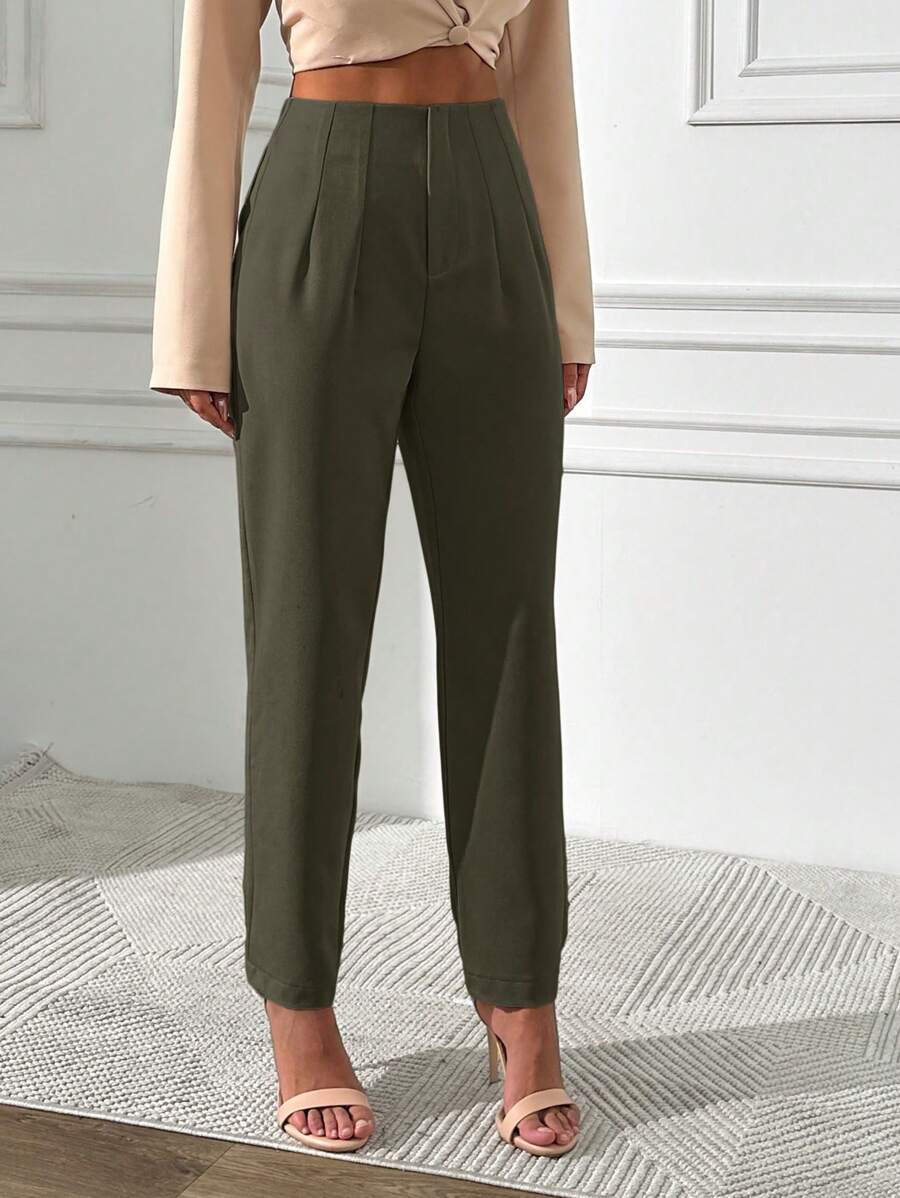 EURMUSE Solid Color High Waist Long Pants - Dark Green - View 1