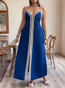 SHEIN Clasi Plus Size Women's Holiday Patchwork Woven Strap Long Casual Tank Dress - Navy Blue - View 3