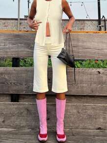 SHEIN Essnce Frauen Sommer Ärmellos Cardigan & Bermuda Shorts, Lässig Sport 2 Stücke Set - Aprikosenfarben - Übersicht 7