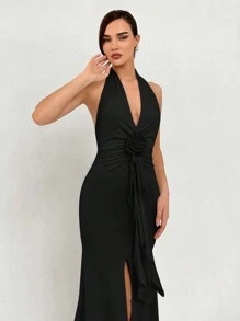 Aloruh Elegant And Sexy Deep V-Neck Backless Concert Dress For Date Night, Spring/Summer Floral Long Dress With 3D Flower Design - Black - View 5